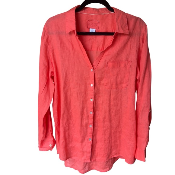 Sigrid Olsen Coral Linen Button Front Shirt Blouse Pocket Lightweight Large - Picture 1 of 5